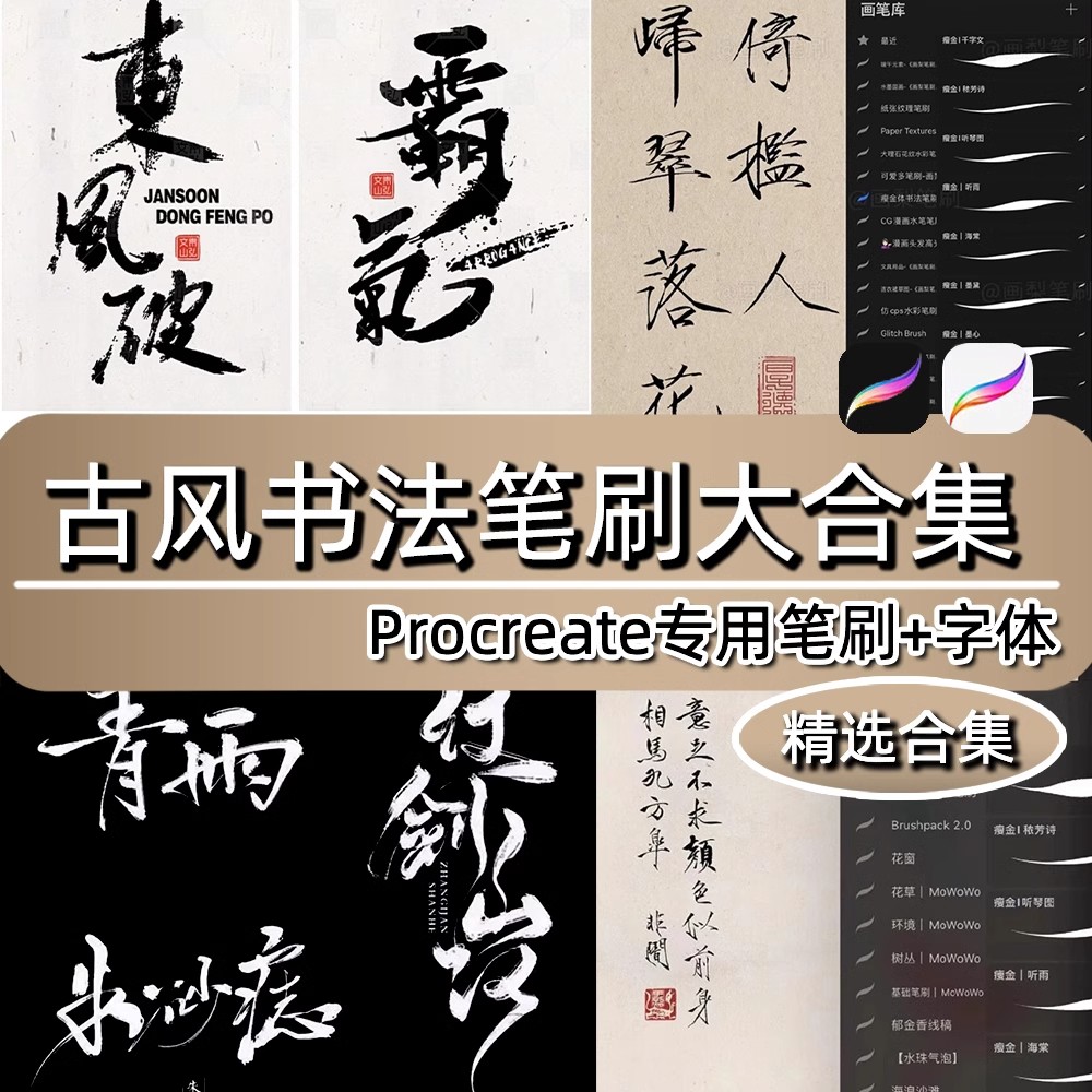 procreate笔刷古风书法水墨写字手写瘦金体中文板写毛笔ipad字体-大怪兽分享