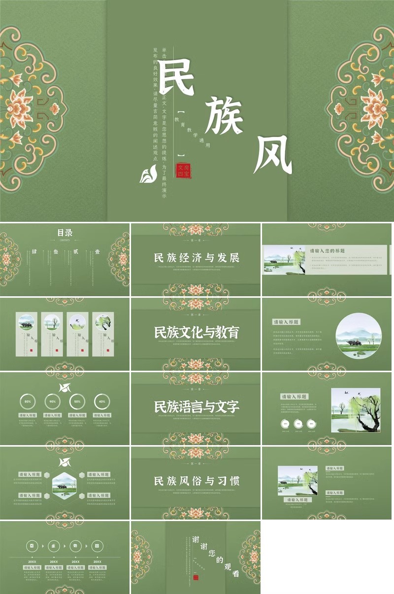 图片[2]-PPT模板民族风中国风传统文化古典绿色蓝色图腾纹样教学课件通用-大怪兽分享