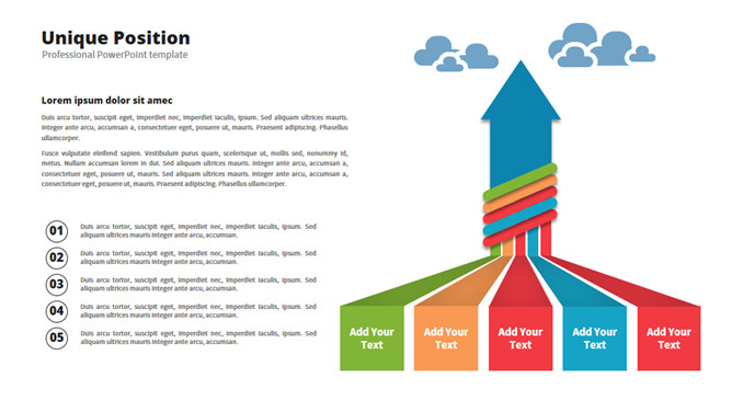 上升箭头五项并列PPT图形-大怪兽分享