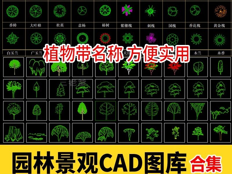 园林景观设计CAD植物图块人物平面立面铺装拼花施工图库图例素材-大怪兽分享