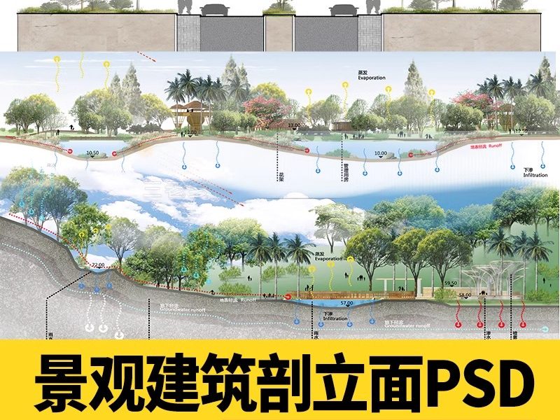 景观ps分析图素材竞赛风海绵城市公园街道驳岸PSD分层剖面图立面-大怪兽分享