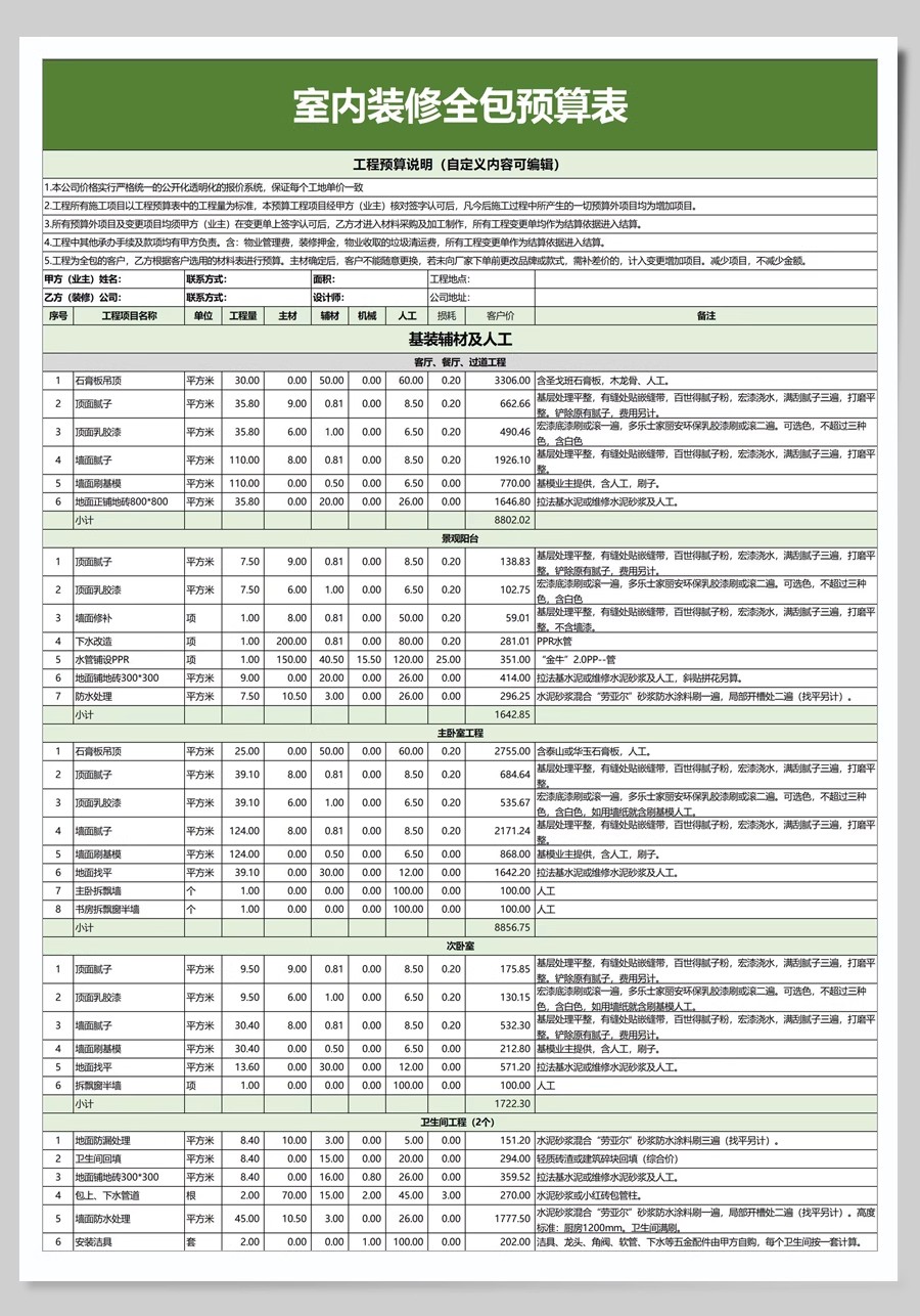 图片[19]-2025装修预算报价表家装工装公司材料价格表模板施工清单半包全包-大怪兽分享