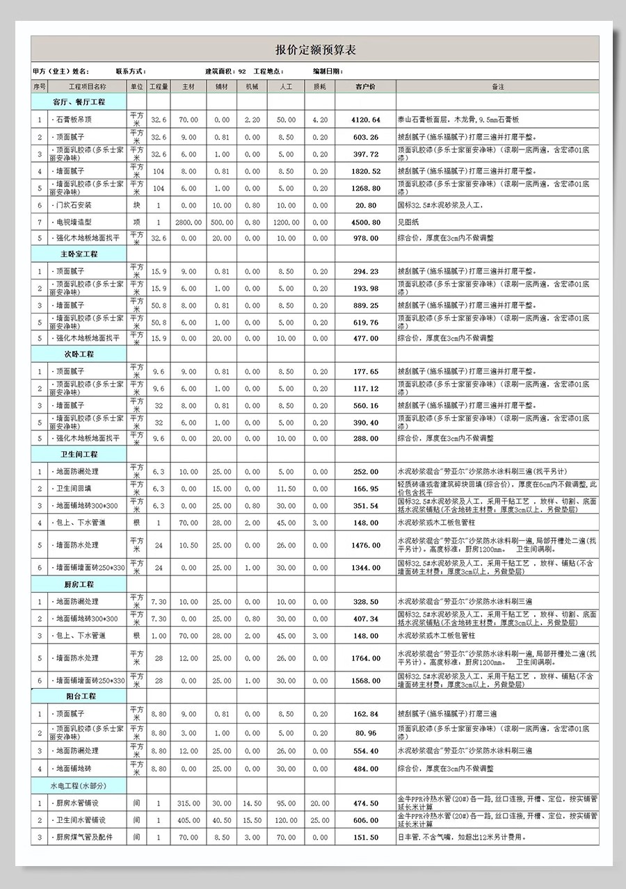 图片[23]-2025装修预算报价表家装工装公司材料价格表模板施工清单半包全包-大怪兽分享