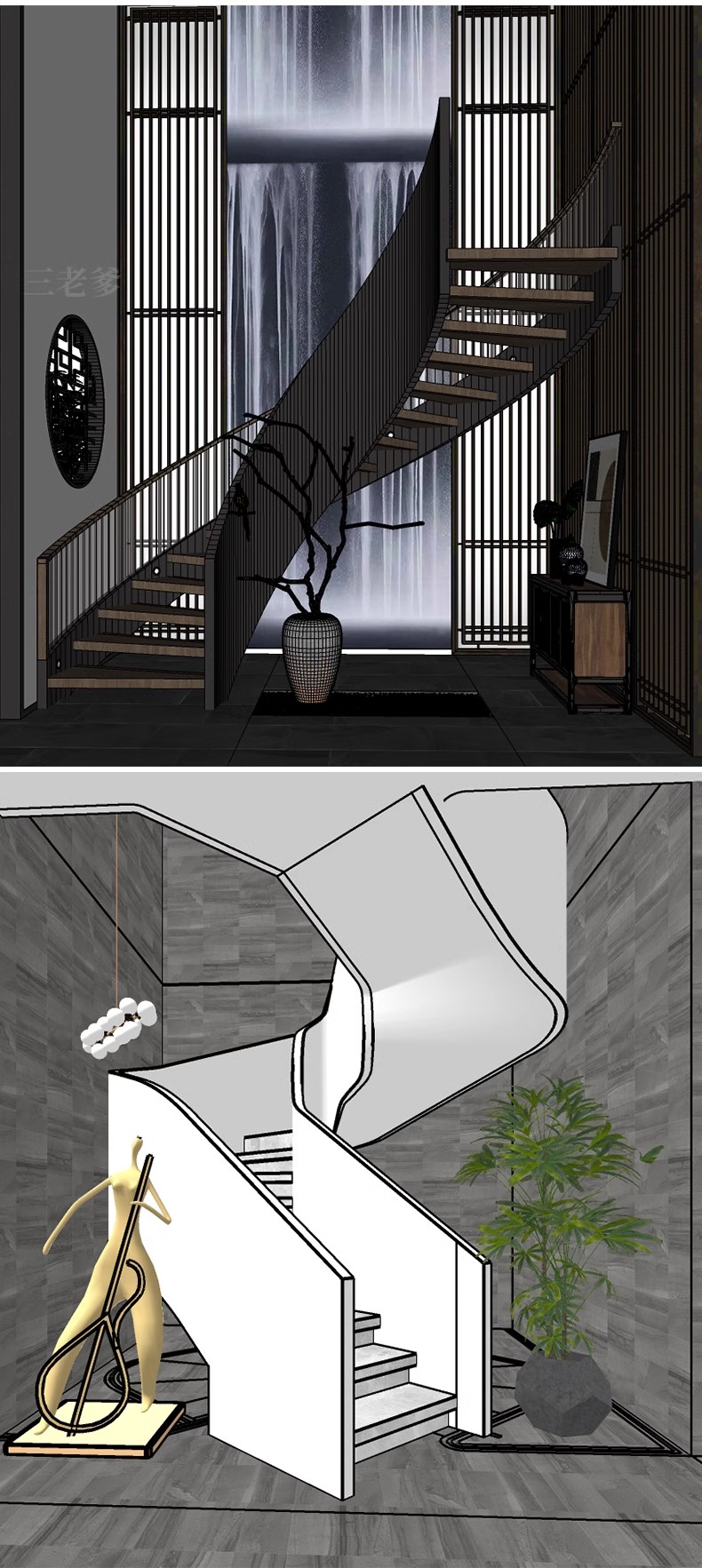 图片[32]-旋转楼梯SU模型库室内铁艺楼梯中式欧式现代螺旋扶梯扶手草图大师-大怪兽分享