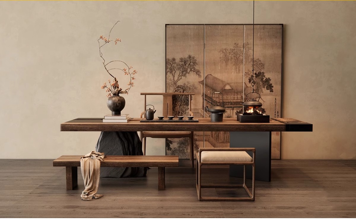 草图大师家装现代新中式日式禅意茶室休闲茶桌椅茶艺书房SU模型库-大怪兽分享
