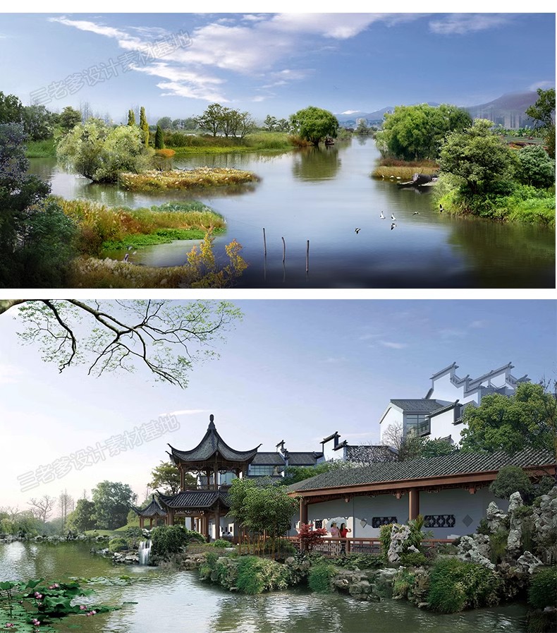 园林景观 PS湿地公园效果图psd分层后期素材透视图滨水滨河拼贴风-大怪兽分享
