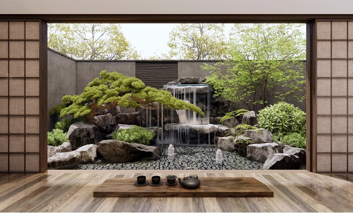 禅意新中式日式别墅庭院茶室枯山水景观假山流水SU模型草图大师-大怪兽分享