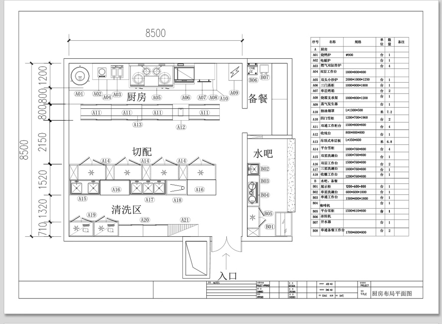 后厨设备设施CAD施工图纸图库平面布置 工装酒店民宿餐饮餐厅厨房-大怪兽分享