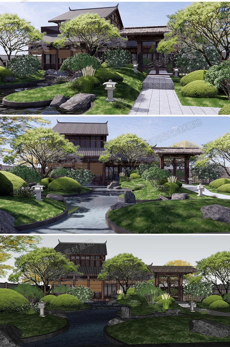禅意新中式日式别墅庭院茶室枯山水景观假山流水SU模型草图大师-大怪兽分享