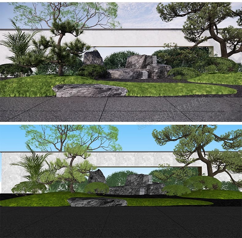 禅意新中式日式别墅庭院茶室枯山水景观假山流水SU模型草图大师-大怪兽分享