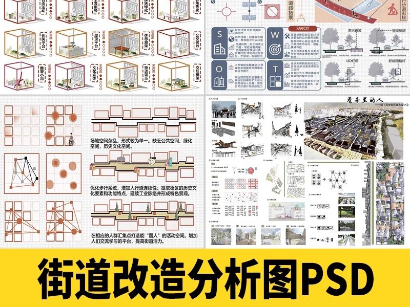 PS城市街道更新节点改造人群景观空间设计策略轴测psd分析图素材-大怪兽分享
