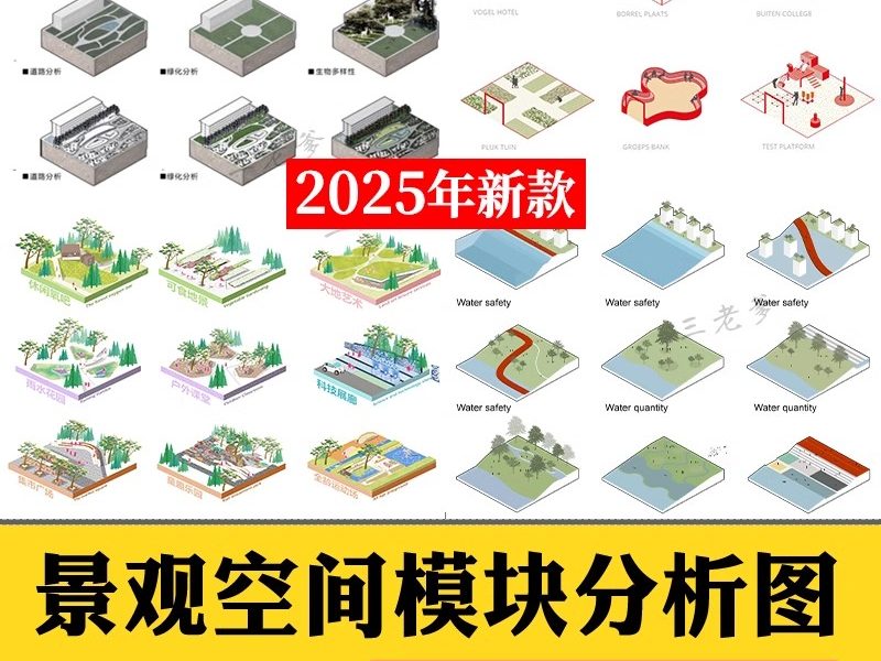 景观前期分析图设计ps湿地空间模块PSD素材竞赛风小清新效果图-大怪兽分享