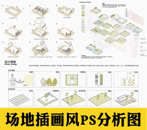 ps小清新建筑景观场地分析图 psd前期插画风场景设计效果图素材-大怪兽分享