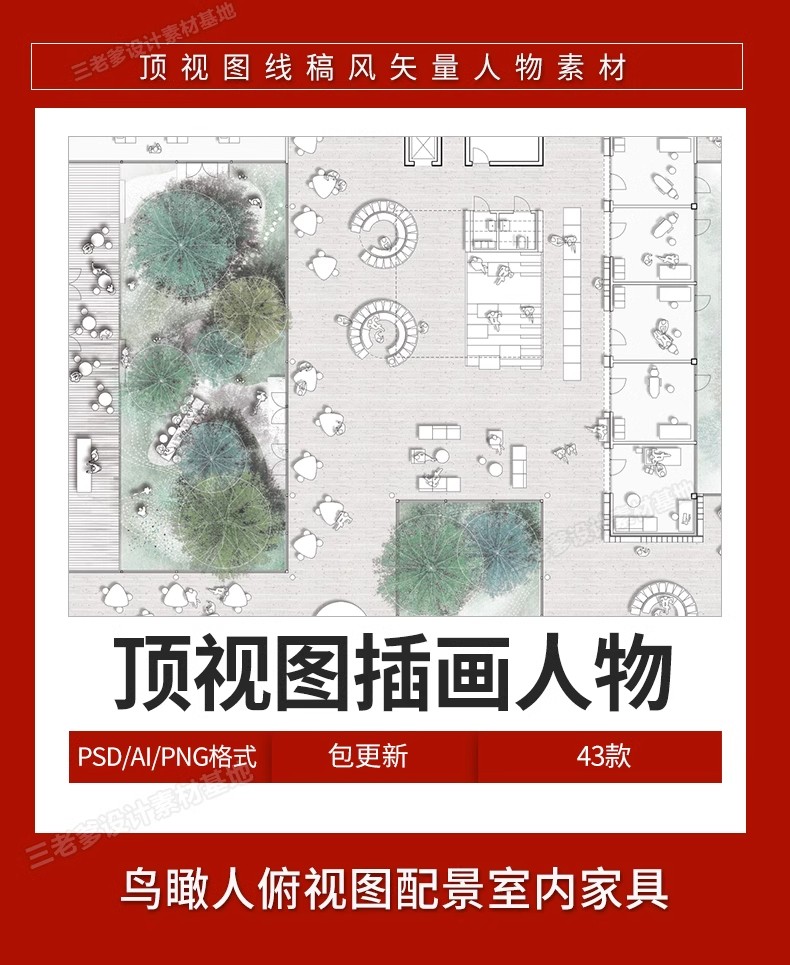 图片[2]-顶视图线稿风矢量人物素材 ps鸟瞰人俯视图配景室内家具人物-大怪兽分享