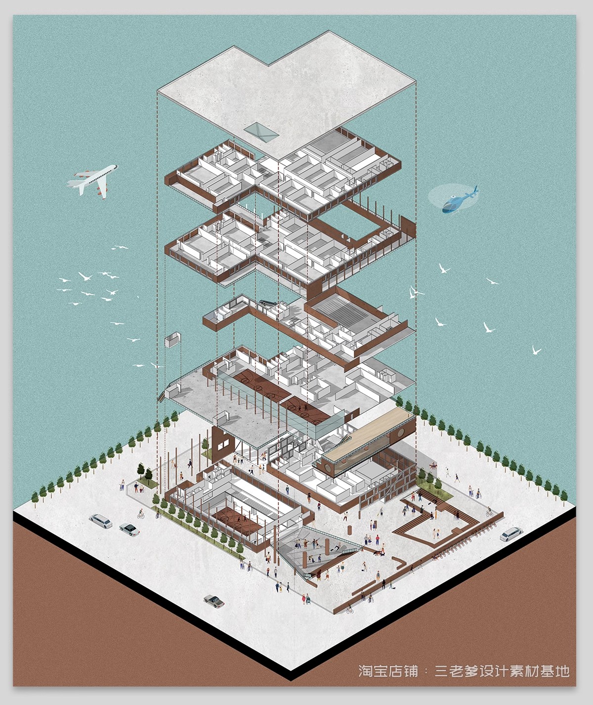 图片[5]-爆炸分层轴侧分析图PSD分层 建筑景观空间竞赛风插画风ps展板素材-大怪兽分享