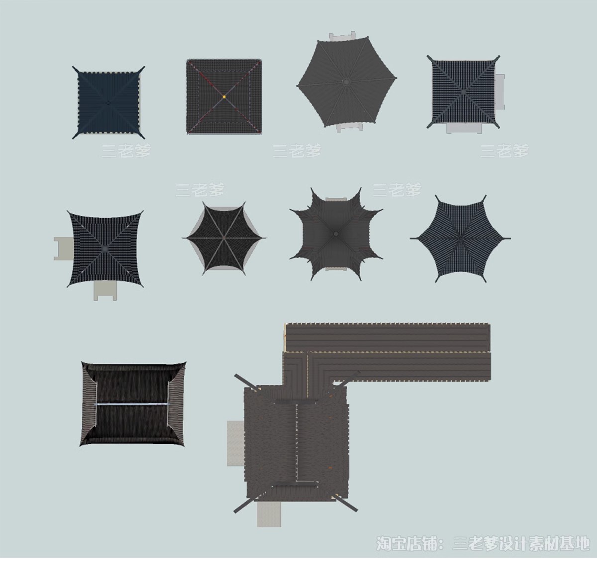 图片[7]-亭子连廊古建筑青瓦屋顶平面图PSD素材图库 园林景观PS彩平图中式-大怪兽分享