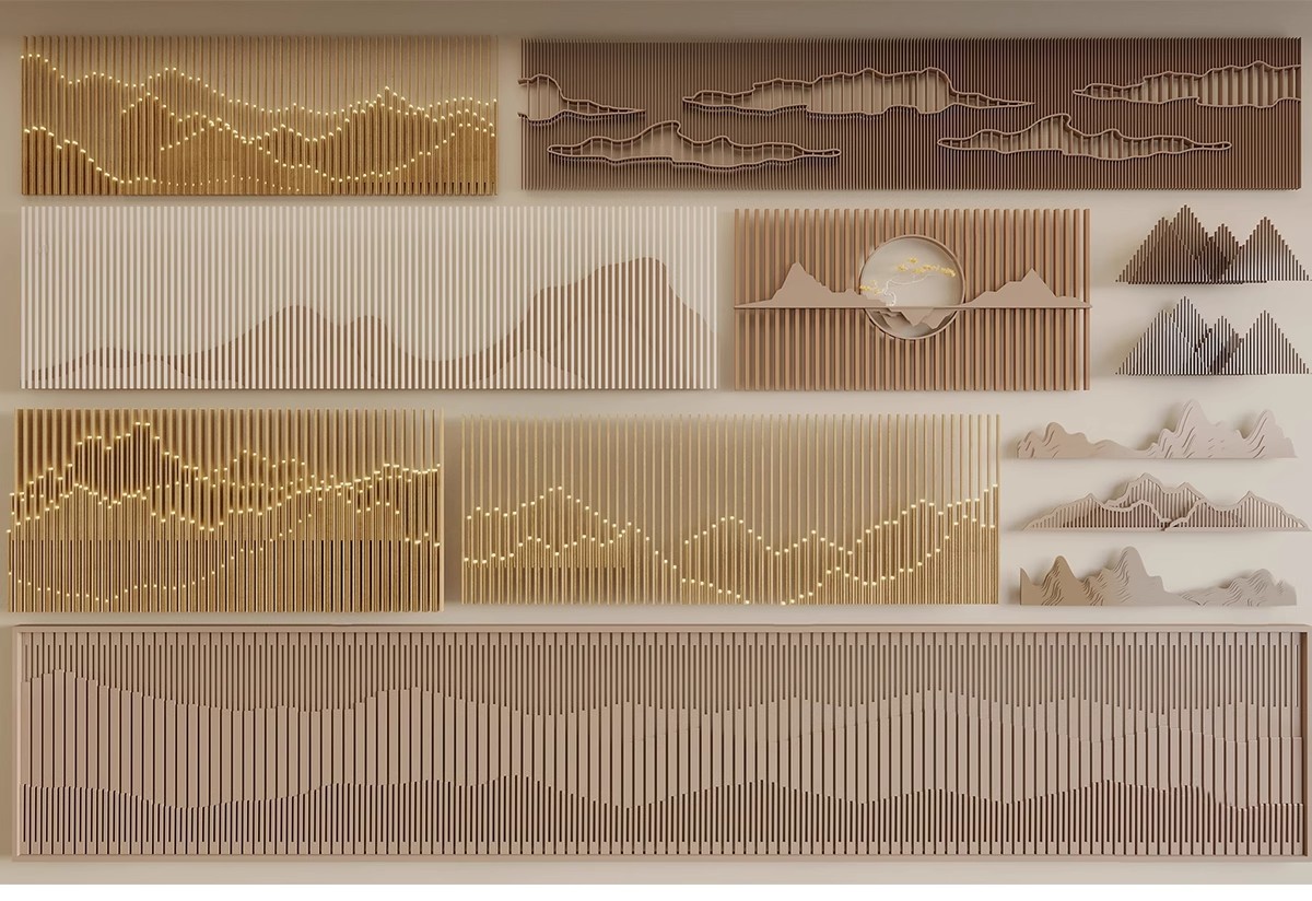 图片[10]-新中式轻奢背景墙SU模型 山水格栅云纹瓦片构件草图大师Sketchup-大怪兽分享