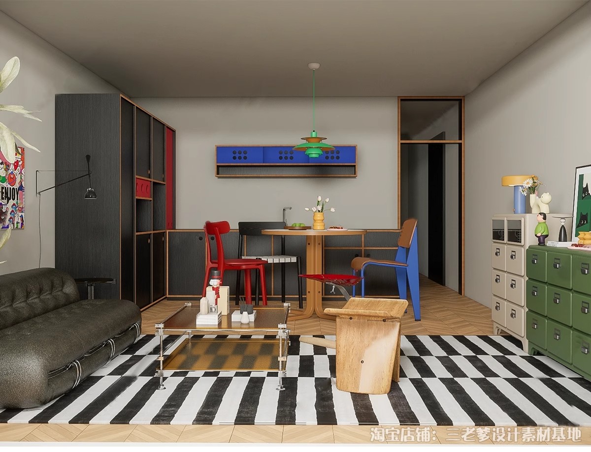 图片[11]-包豪斯家装SU模型 客厅餐厅多巴胺中古沙发桌椅家具组合草图大师-大怪兽分享