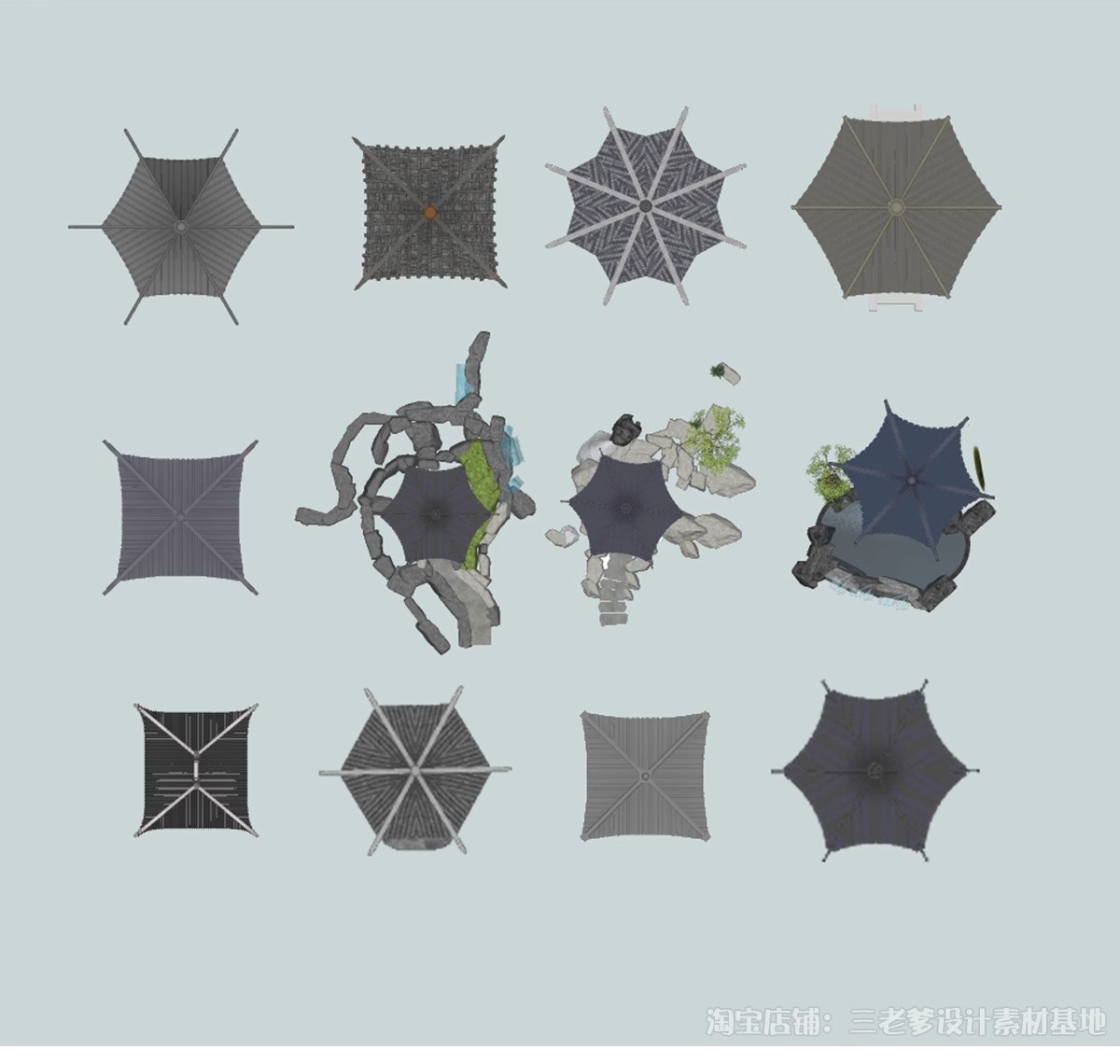 图片[12]-亭子连廊古建筑青瓦屋顶平面图PSD素材图库 园林景观PS彩平图中式-大怪兽分享