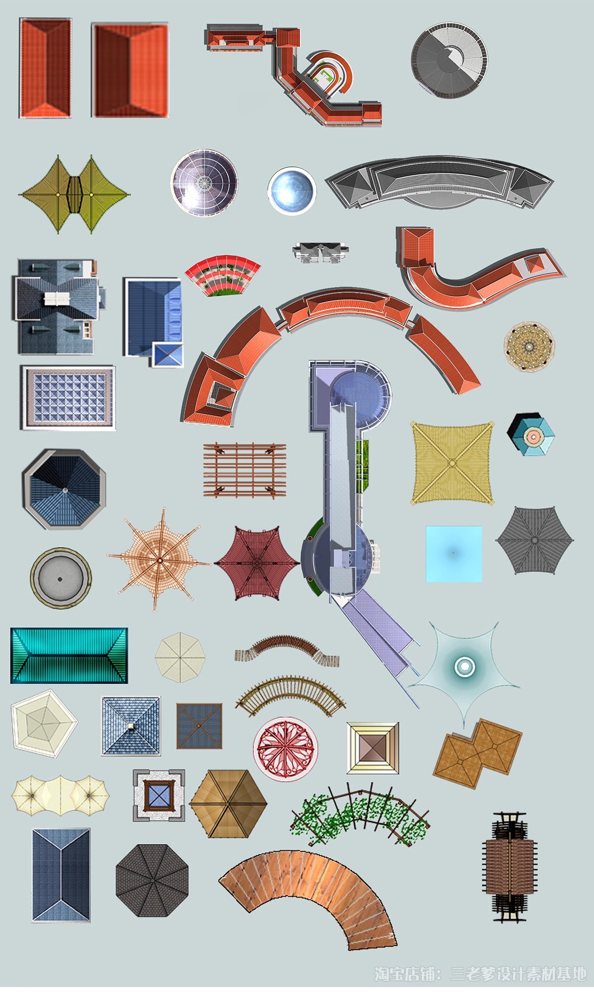 图片[14]-亭子连廊古建筑青瓦屋顶平面图PSD素材图库 园林景观PS彩平图中式-大怪兽分享