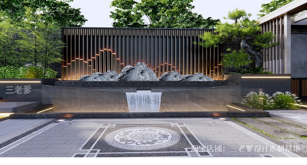 图片[25]-新中式轻奢背景墙SU模型 山水格栅云纹瓦片构件草图大师Sketchup-大怪兽分享