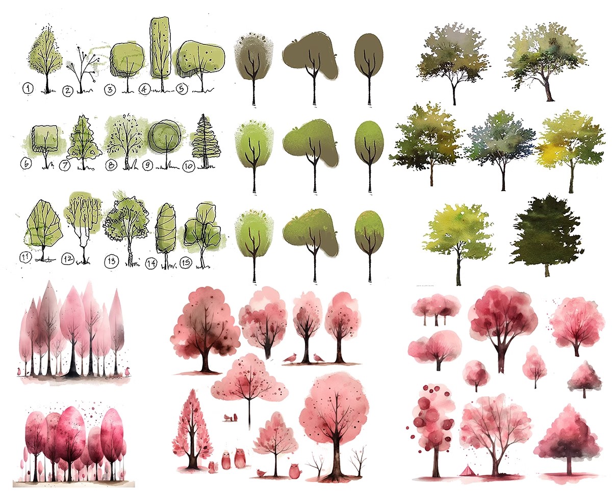 图片[32]-古风植物彩平园林景观复古小清新平面立面树木psd分层免抠PS素材-大怪兽分享