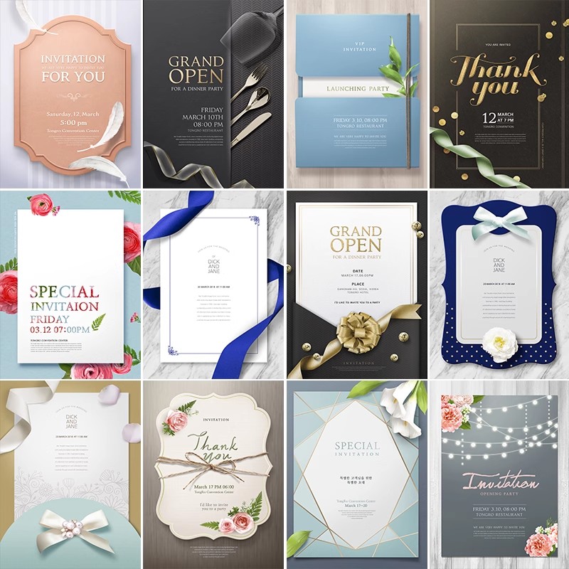 YQ-02高端生日邀请函贺卡教师节母亲节鲜花卡片PSD边框素材模板-大怪兽分享