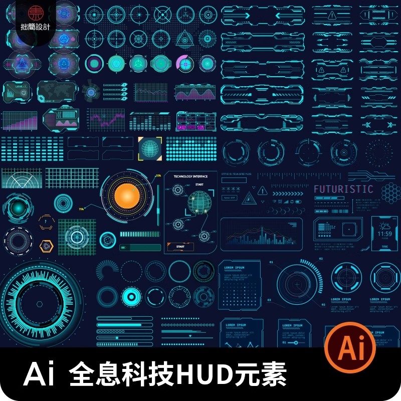 赛博朋克全息科技科幻HUD可视化图边框图形弹窗AI设计素材模板EPS-大怪兽分享