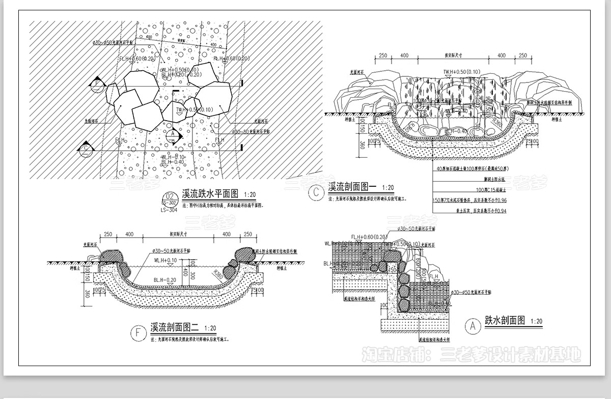 图片[16]-自然溪流跌水小溪山涧跌水瀑布CAD施工图节点大样图剖面做法详图-大怪兽分享