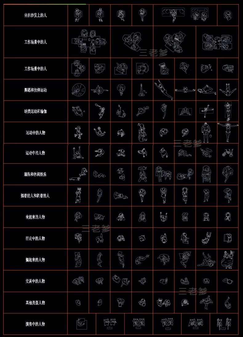 图片[17]-2025人物俯视顶视CAD图库图块站坐人体动作素材运动线稿dwg模块-大怪兽分享