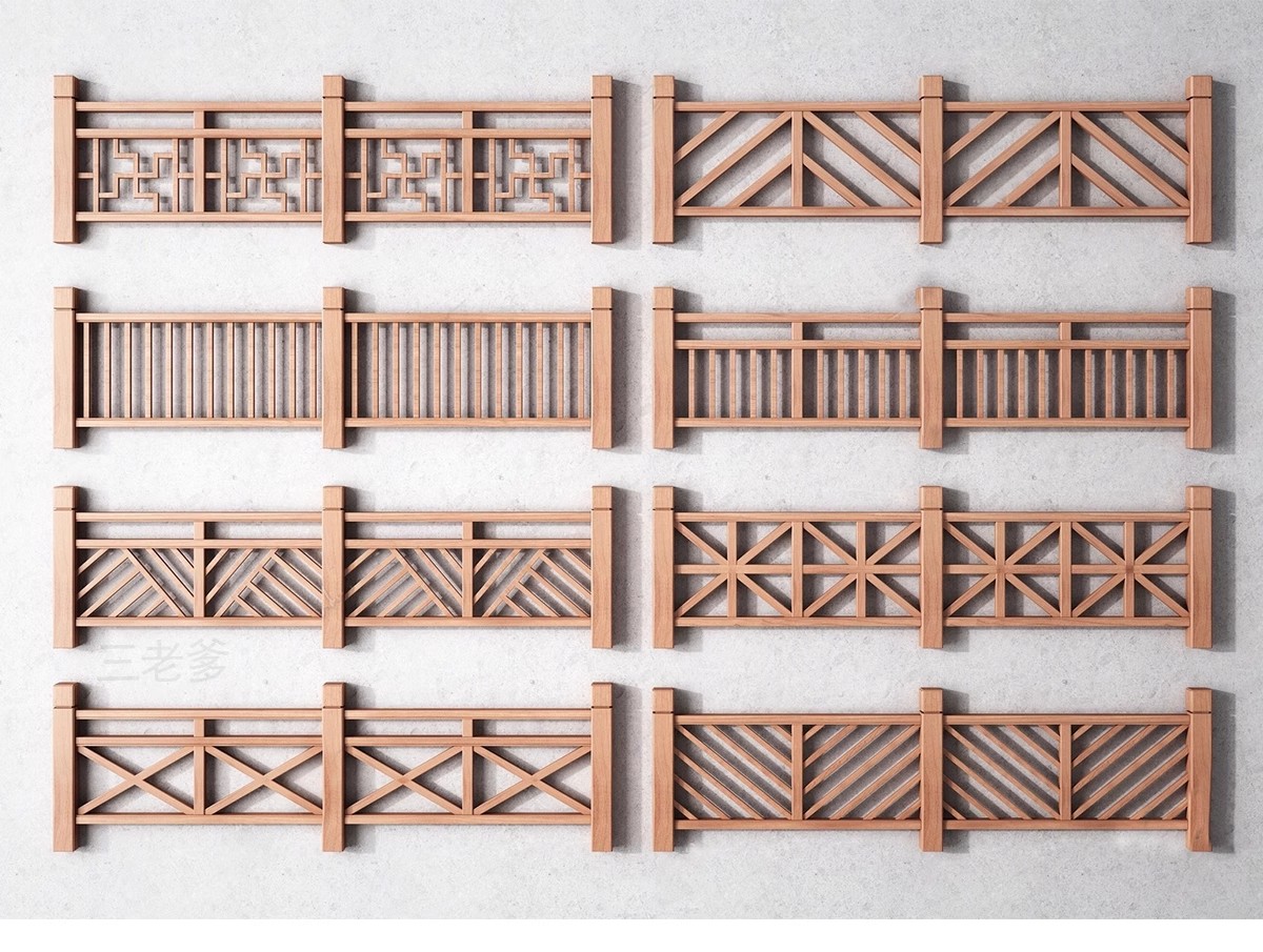 图片[21]-中式雕花防腐木头栏杆景观桥木质扶手围栏乡村护栏SU模型草图大师-大怪兽分享