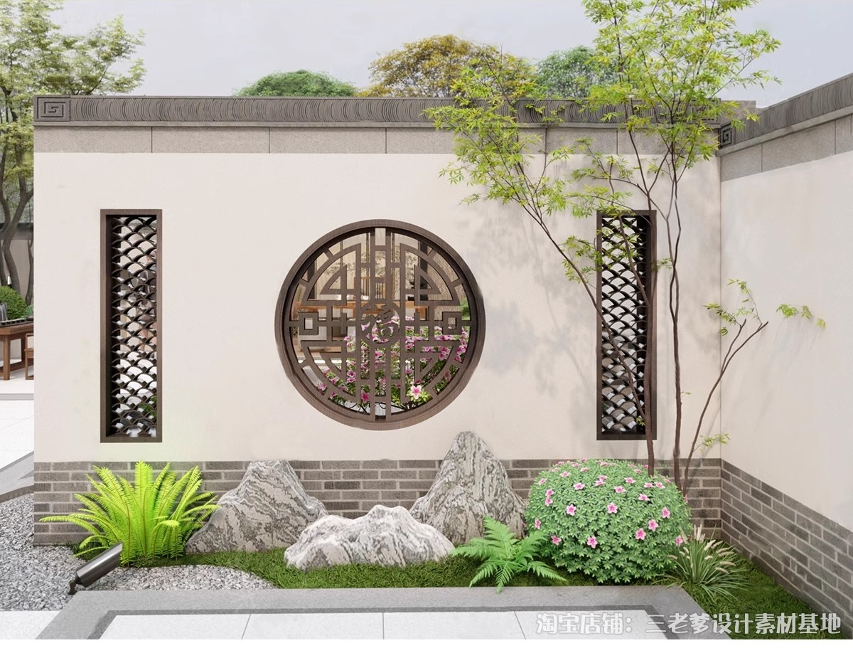 影壁照壁墙景墙su模型庭院四合院围墙院子屏风浮雕新中式草图大师-大怪兽分享
