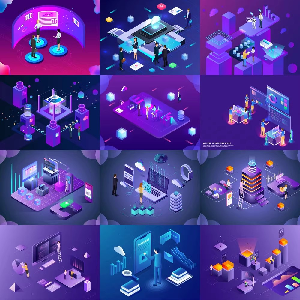 2.5D立体等距UI插画商务金融科技大数据海报AI矢量EPS设计素材-大怪兽分享