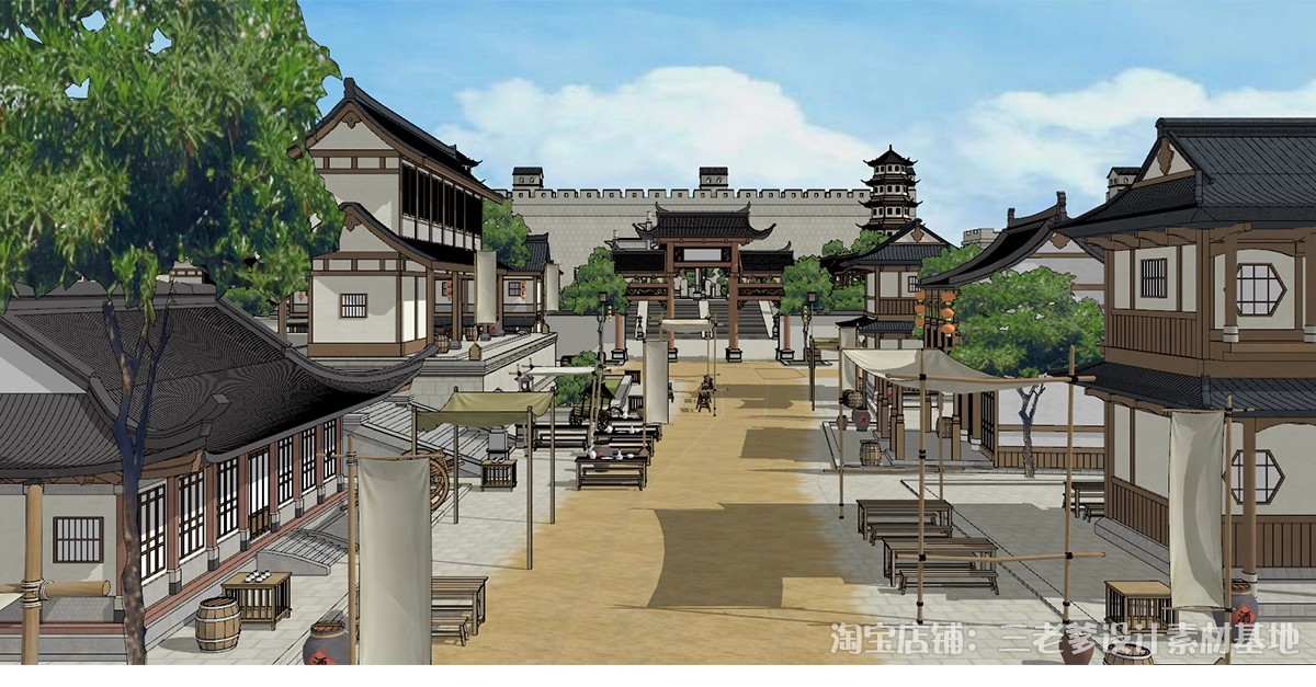 图片[5]-唐风古建群落SU模型秋景中式唐宋文化雪景影视城古代建筑草图大师-大怪兽分享