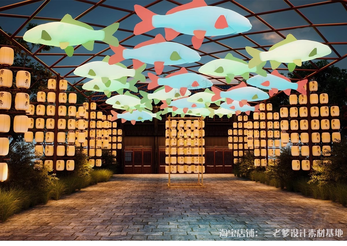 图片[4]-新中式古风长廊廊架SU模型 建筑染布飘带商业街集市竹构书法灯笼-大怪兽分享