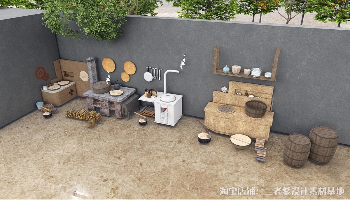 图片[4]-农村乡村农家乐旧厨房炉灶土灶台柴火灶泥土大锅灶SU模型草图大师-大怪兽分享