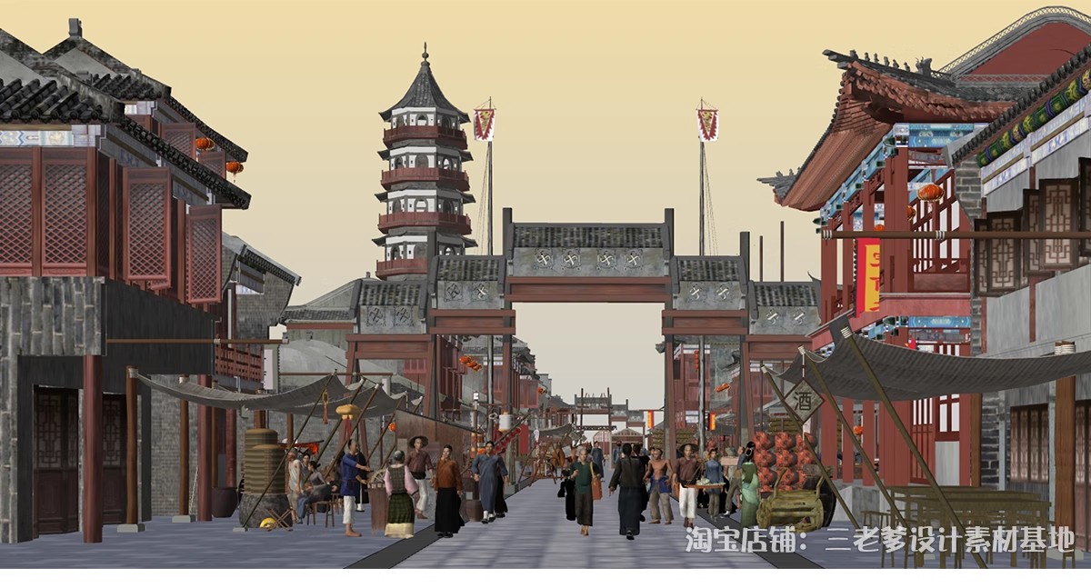 图片[5]-古代集市SU模型中式商业街道摊位商铺清明上河图古城街巷草图大师-大怪兽分享