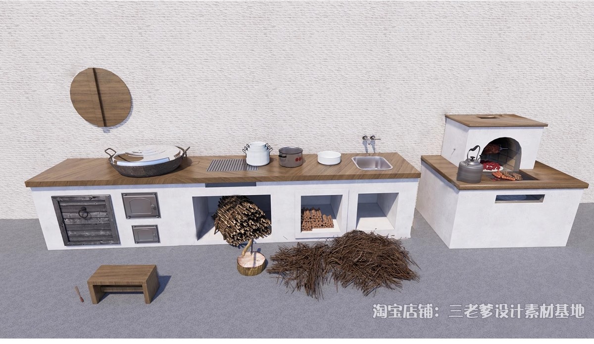 图片[5]-农村乡村农家乐旧厨房炉灶土灶台柴火灶泥土大锅灶SU模型草图大师-大怪兽分享