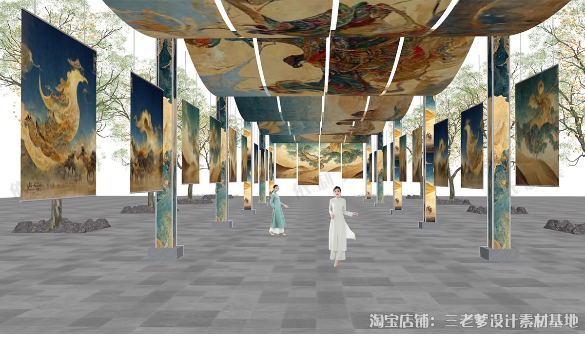 图片[9]-新中式古风长廊廊架SU模型 建筑染布飘带商业街集市竹构书法灯笼-大怪兽分享