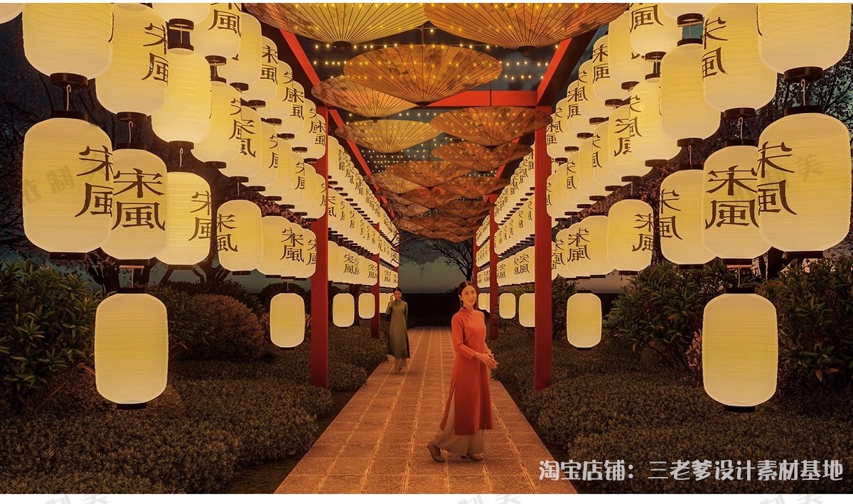 图片[10]-新中式古风长廊廊架SU模型 建筑染布飘带商业街集市竹构书法灯笼-大怪兽分享