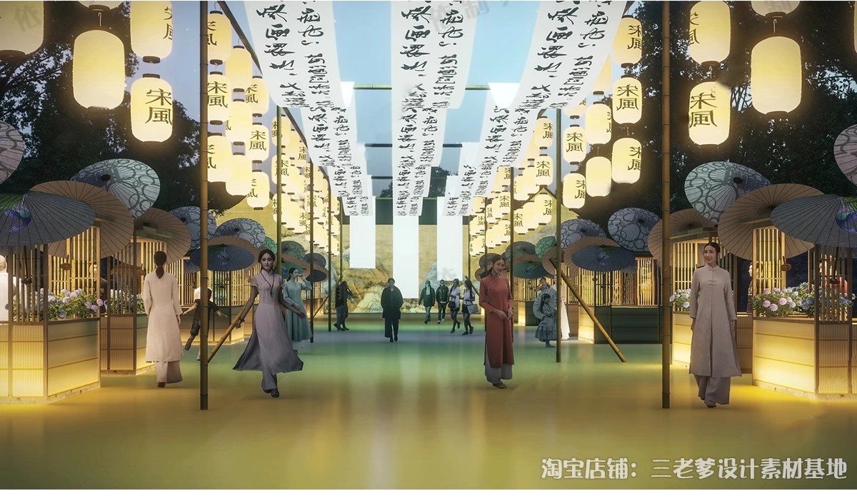 图片[11]-新中式古风长廊廊架SU模型 建筑染布飘带商业街集市竹构书法灯笼-大怪兽分享