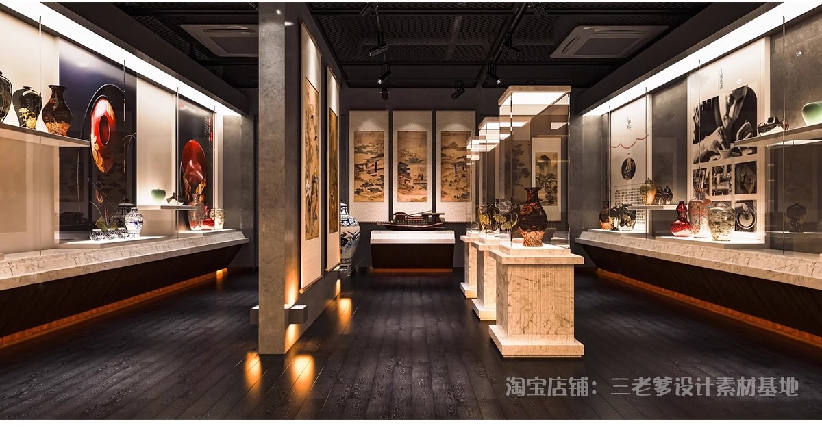 图片[11]-瓷器文化陶瓷青花瓷展厅SU模型新中式博物馆展馆展柜展架草图大师-大怪兽分享