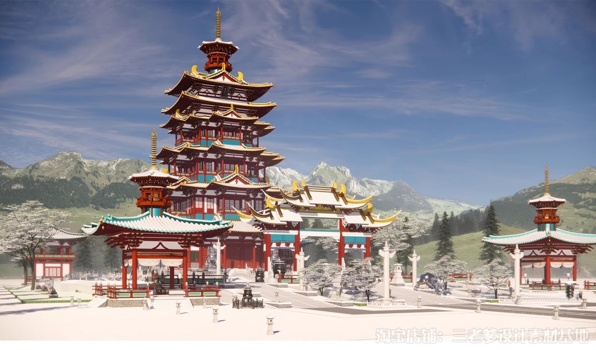 图片[12]-唐风古建群落SU模型秋景中式唐宋文化雪景影视城古代建筑草图大师-大怪兽分享