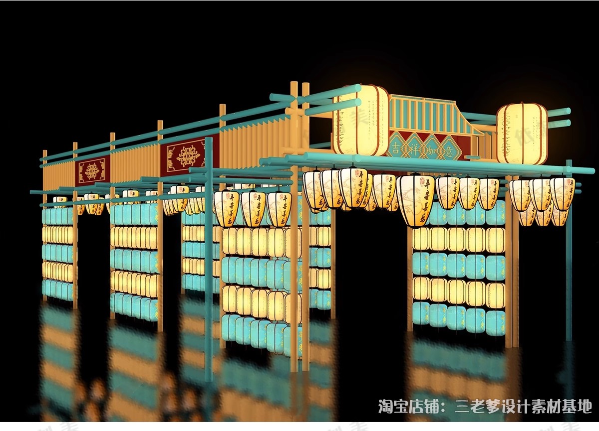图片[14]-新中式古风长廊廊架SU模型 建筑染布飘带商业街集市竹构书法灯笼-大怪兽分享