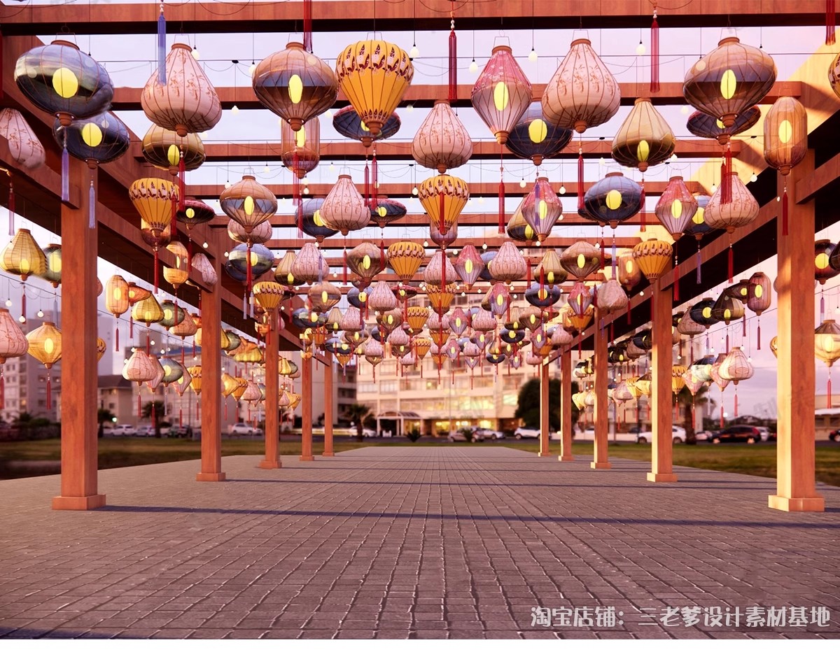 图片[15]-新中式古风长廊廊架SU模型 建筑染布飘带商业街集市竹构书法灯笼-大怪兽分享