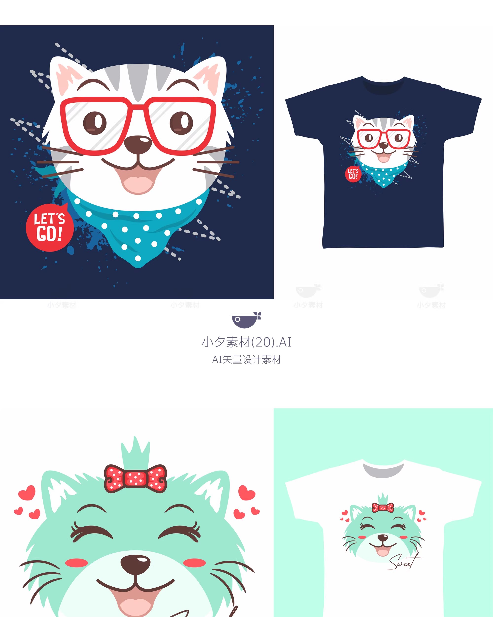 图片[15]-100套 潮流卡通猫咪动物可爱儿童T恤艺术印花模板AI矢量设计素材-大怪兽分享