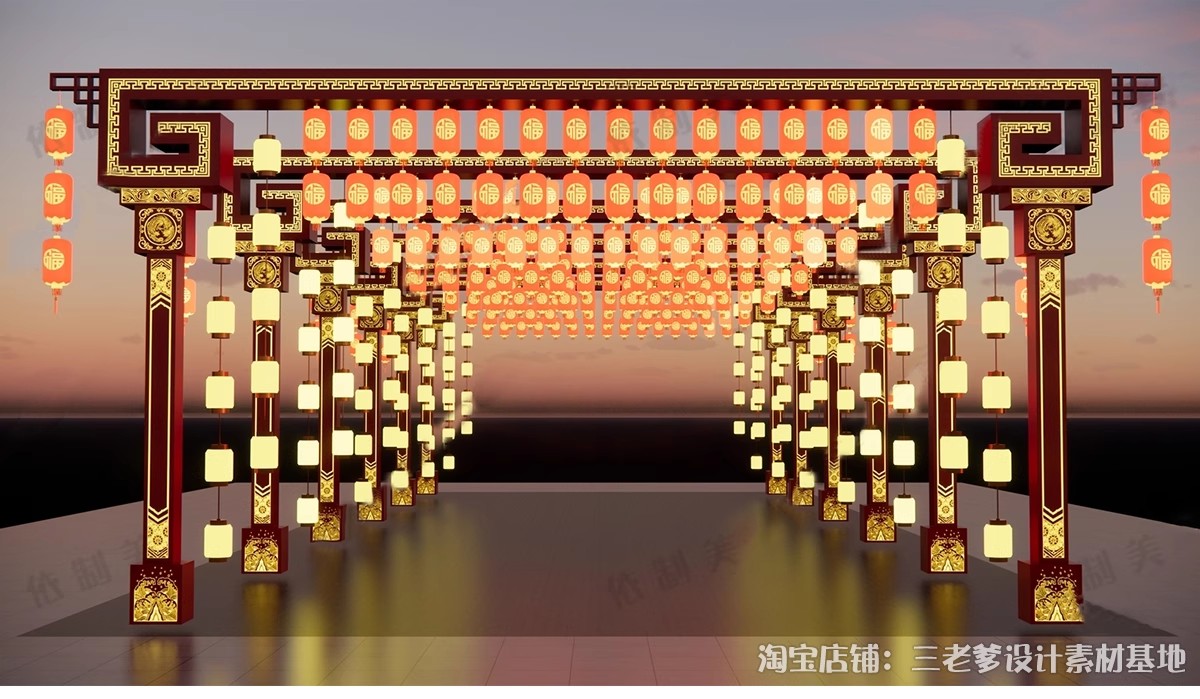 图片[16]-新中式古风长廊廊架SU模型 建筑染布飘带商业街集市竹构书法灯笼-大怪兽分享