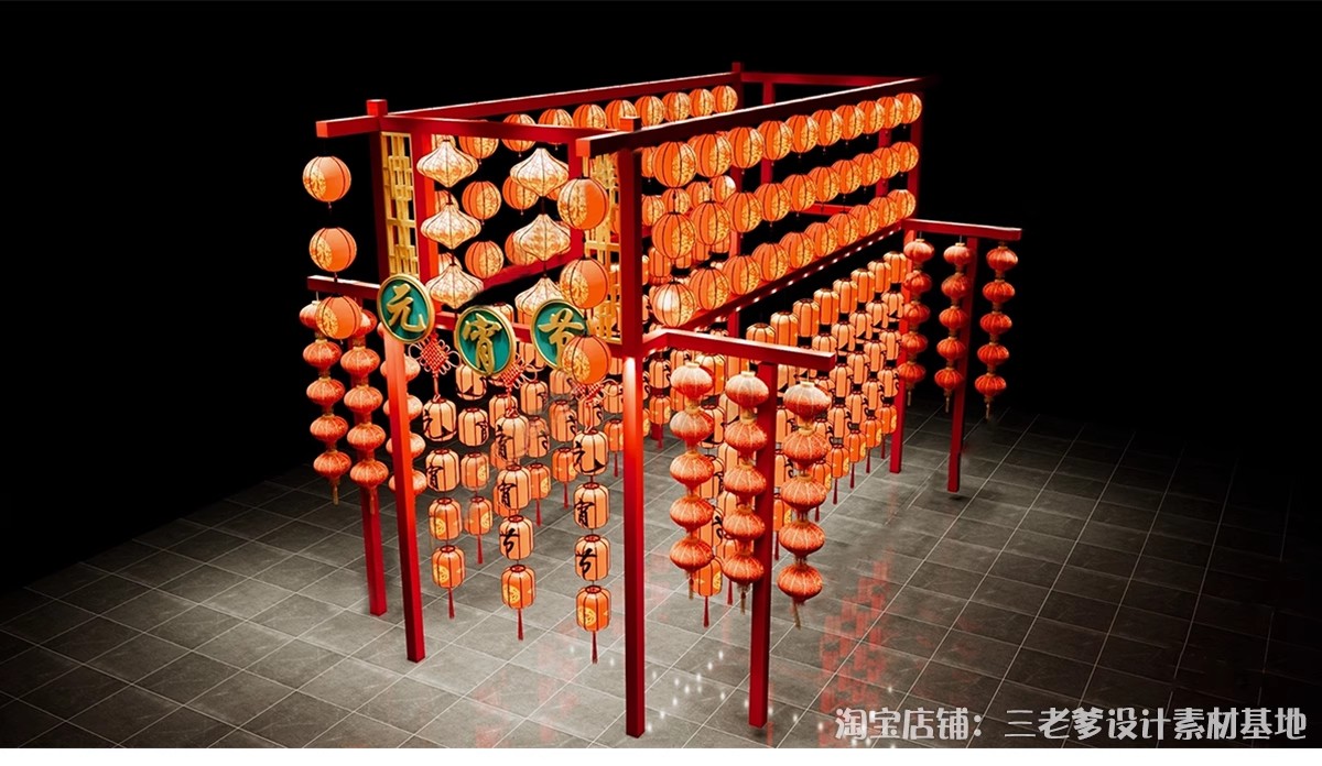 图片[17]-新中式古风长廊廊架SU模型 建筑染布飘带商业街集市竹构书法灯笼-大怪兽分享