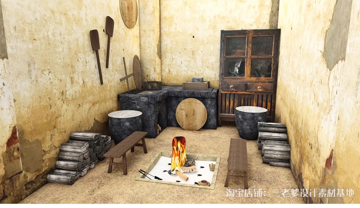 图片[17]-农村乡村农家乐旧厨房炉灶土灶台柴火灶泥土大锅灶SU模型草图大师-大怪兽分享
