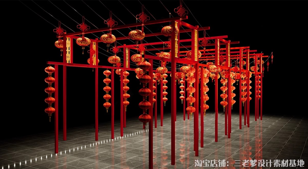 图片[18]-新中式古风长廊廊架SU模型 建筑染布飘带商业街集市竹构书法灯笼-大怪兽分享